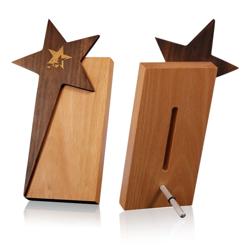 Custom Solid Wood Plaques: Wholesale engraved awards featuring a unique star design. Perfect for recognition.