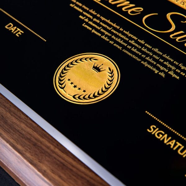 Black walnut wood plaque award with gold lettering and embossed crown seal. Custom award manufacturer.