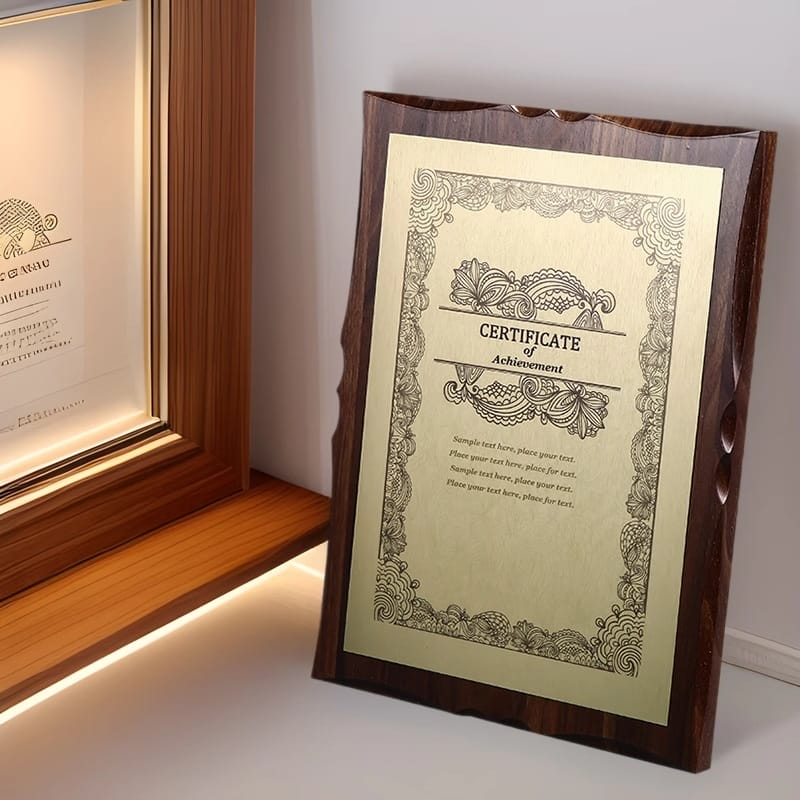 Gold certificate of achievement plaque with ornate border