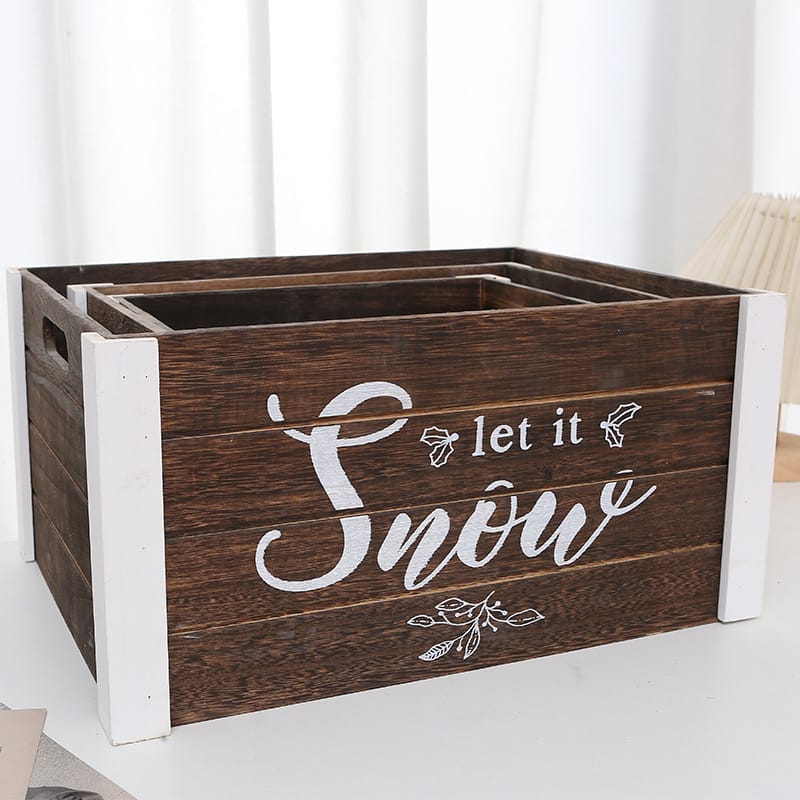 Rustic wooden box for decorating: Set of three, largest box features "Let it Snow" lettering. Perfect for holiday decor.