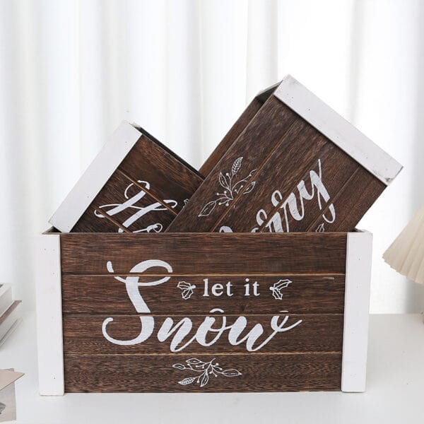 Rustic Christmas wooden box set: "Let it snow" and other holiday messages. Perfect for holiday decor, wholesale available.