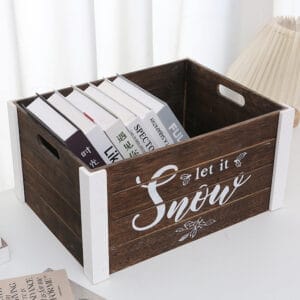 Rustic Christmas wooden box, perfect for storage or decor. Features "Let it Snow" lettering and ample space for books or ornaments. Decorative wooden boxes wholesale.