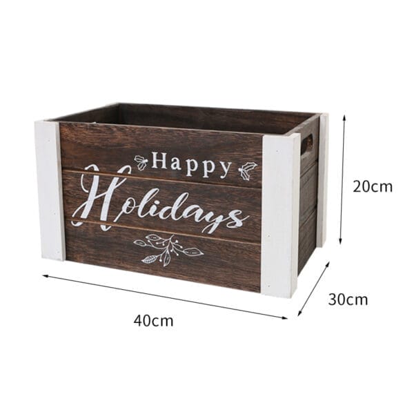 Rustic Christmas wooden box, perfect for holiday decor and gift storage. Features "Happy Holidays" lettering.