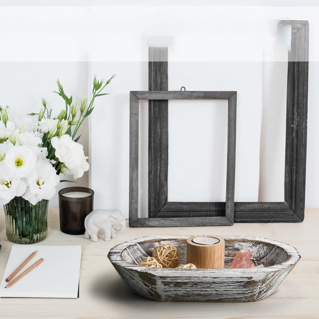 Rustic wooden bread bowl set: Farmhouse decor, perfect for serving or display. Features a distressed whitewash finish.