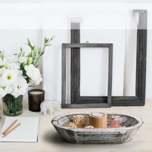 Rustic wooden bread bowl set: Farmhouse decor, perfect for serving or display. Features a distressed whitewash finish.