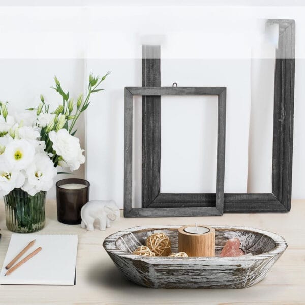 Rustic wooden bread bowl set: Farmhouse decor, perfect for serving or display. Features a distressed whitewash finish.