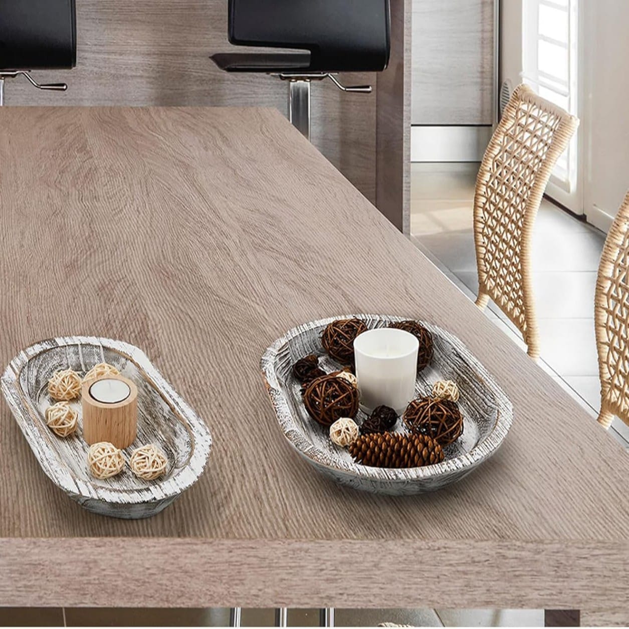 Rustic Wood Salad Bowls: Set of two custom wooden bread bowls, perfect for serving or decor. Features decorative balls and candle.