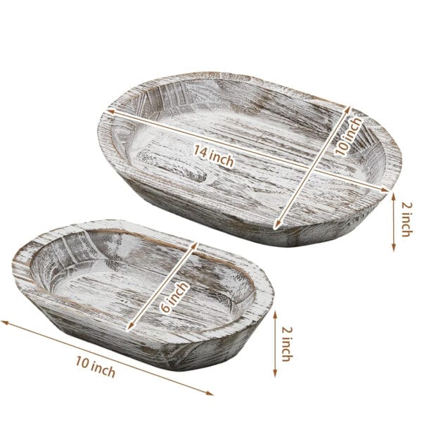 Rustic whitewashed wooden bread bowl set: Two farmhouse-style bowls, perfect for serving bread or salad. Sizes shown.