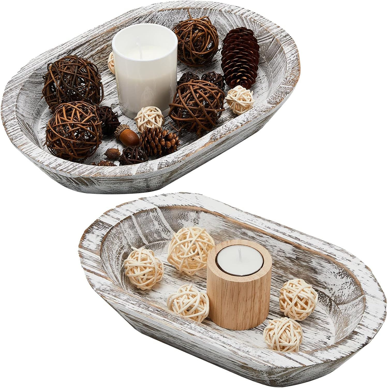 Rustic Wood Bread Bowl Set: Two farmhouse-style whitewashed wooden bowls, perfect for serving or decor. Includes wicker balls & pinecones.