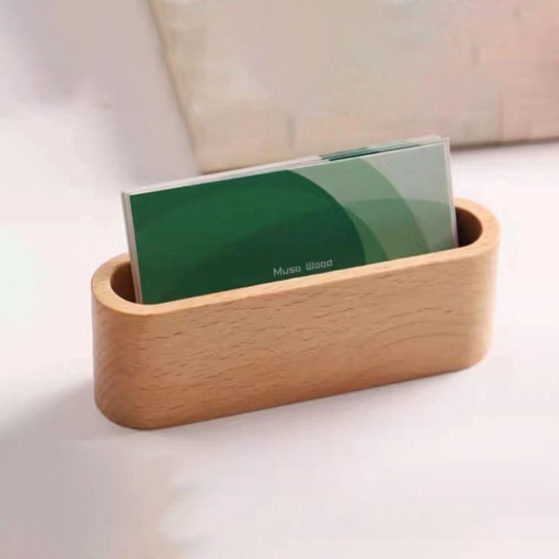 Wooden business card holder, light wood finish, holds cards upright. Wholesale Black Walnut option available.