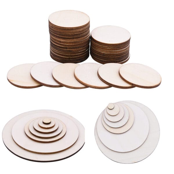 Wholesale Wooden Circle Discs: Various sizes of unfinished wood circles for crafting and DIY projects.