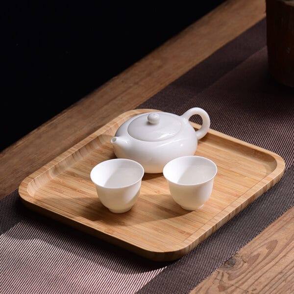 Custom Wooden Gift Tray: Square bamboo serving tray with a white porcelain teapot and two teacups. Perfect gift!
