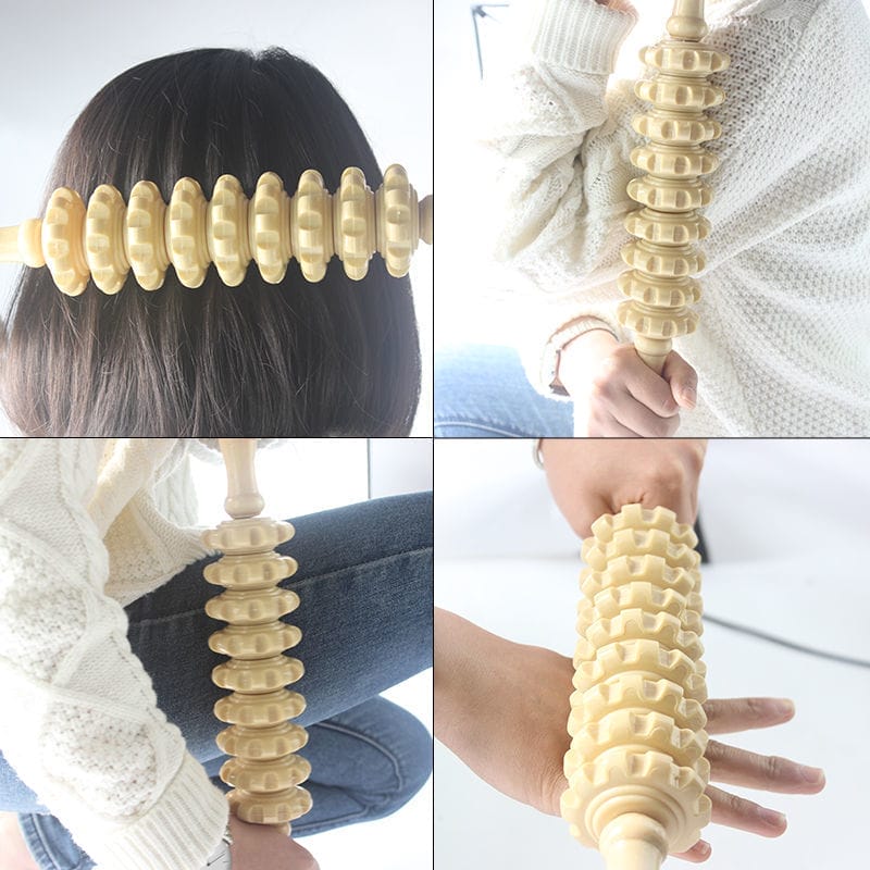 Wooden massage roller for back, body, and self-massage. Custom logo option available. Wholesale pricing.