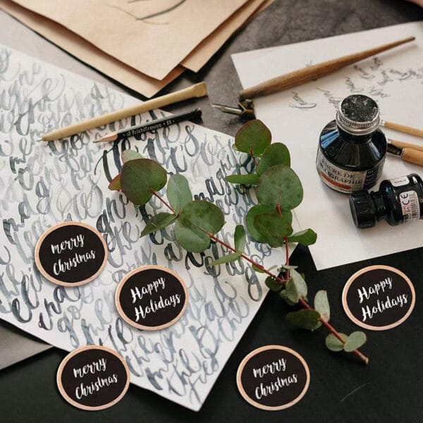 Custom Wooden Nickels: Bulk "Merry Christmas" & "Happy Holidays" tags, perfect for holiday gifts and wholesale orders.