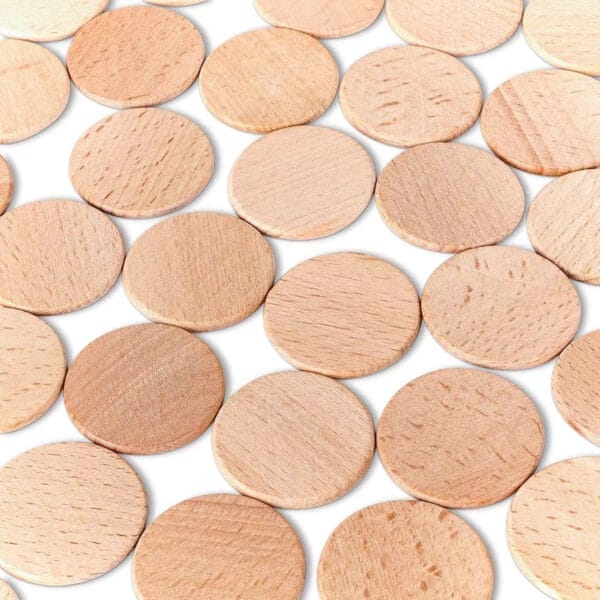 Custom Wooden Nickels: Bulk wholesale wooden discs, perfect for crafts, games, or other projects. Light brown, round, and arranged in a staggered pattern.