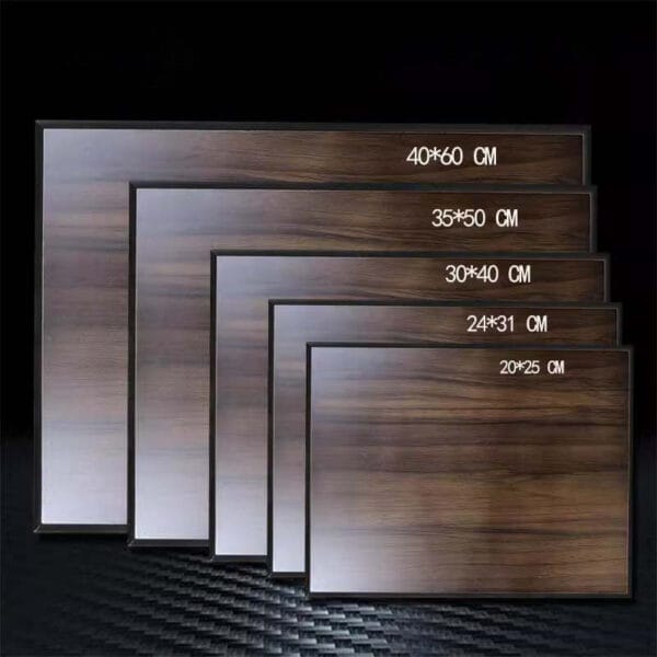 Walnut Wooden Plaque Blanks: Wholesale custom sizes available. Various sizes of blank walnut wood plaques with black frames.