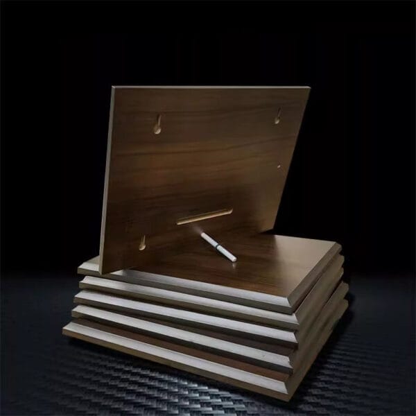 Walnut Wooden Plaque Blanks: Wholesale custom manufacturer, stack of unfinished wood plaques ready for personalization.