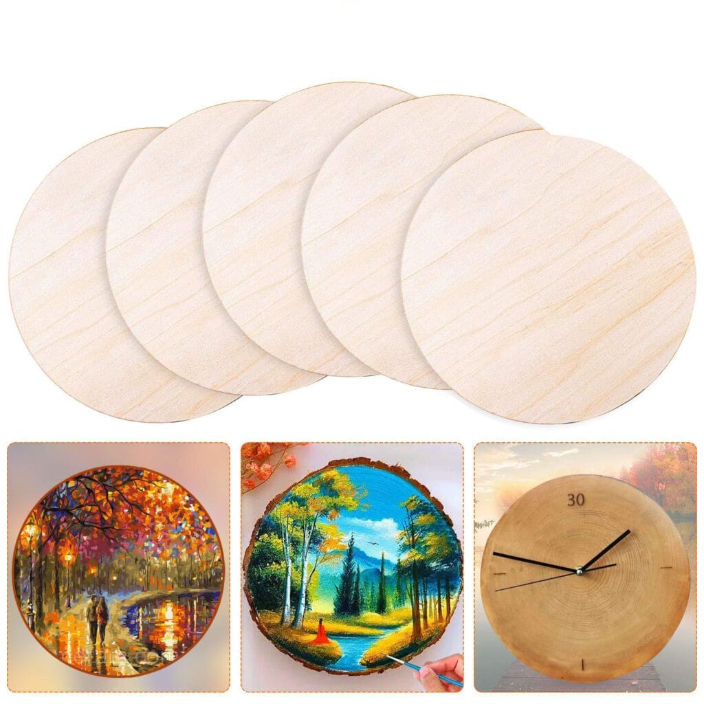 Manufacturer Wooden Rounds: Four 8-inch laser-cut unfinished wood circles for crafts, painting, or clock making.