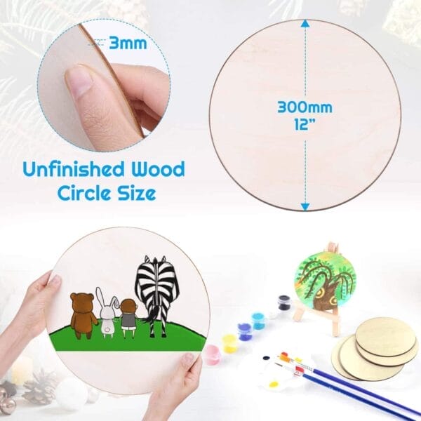 12" unfinished wood circle, 3mm thick, perfect for crafts, painting, and DIY projects. Manufacturer Wooden Rounds.