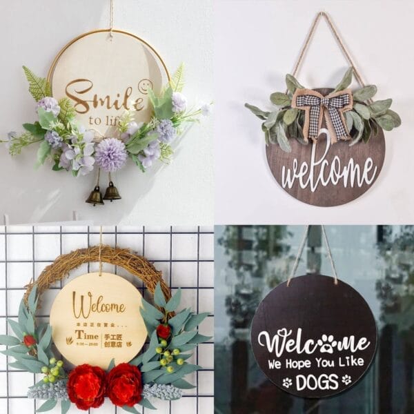 Manufacturer Wooden Rounds: Laser-cut wooden circles, perfect for crafting welcome signs. Features floral designs & customizable text. Home decor, door hangers.