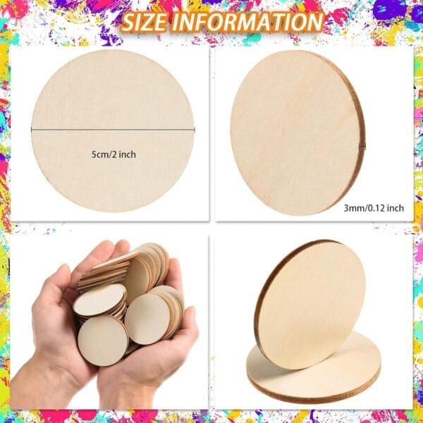 5cm/2 inch unfinished wooden circles, 3mm thick, perfect for crafts. Bulk pack of round wood slices.