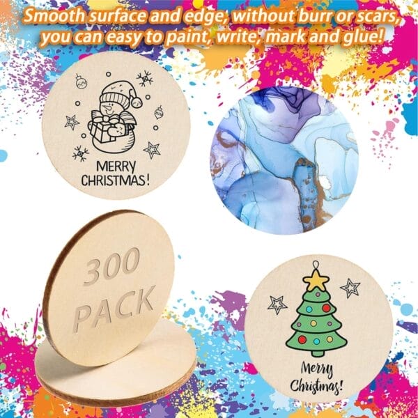 300 Pack Unfinished Wooden Discs: Smooth, round wood slices ideal for DIY crafts, Christmas ornaments, and more. Bulk wholesale.