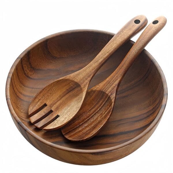 Custom Wooden Salad Bowl Set: Natural wood serving bowls with matching salad servers. Wholesale available.