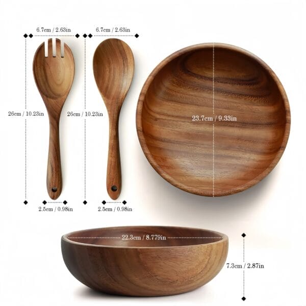 Custom Wooden Salad Bowl Set: Natural wood serving bowls & acacia wood salad utensils. Eco-friendly kitchenware.