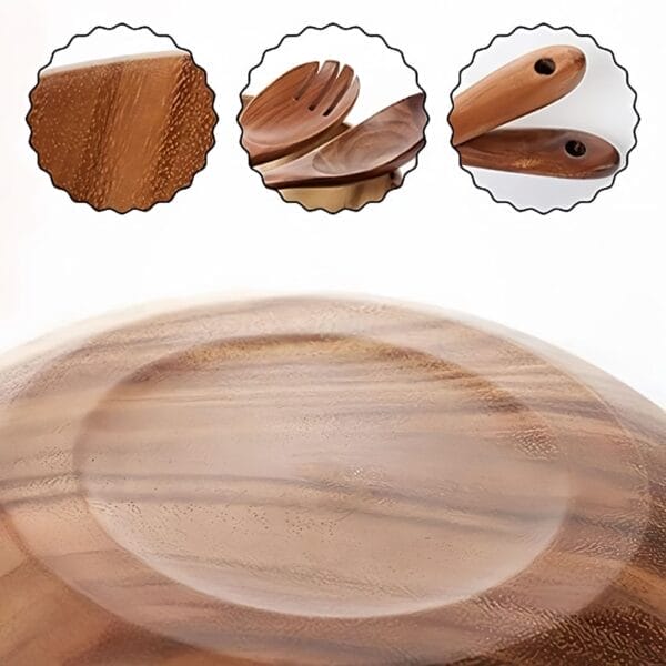 Custom Wooden Salad Bowl Set: Wholesale acacia wood serving bowls with matching salad fork and spoon. Natural wood, perfect for salads and serving.
