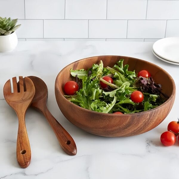 Custom Wooden Salad Bowl Set: Natural wood serving bowls with salad and matching wooden utensils
