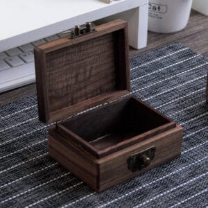 Wooden Trinket Box Wholesale: Dark brown square storage box with hinged lid and metal clasp. Perfect for jewelry or small keepsakes.