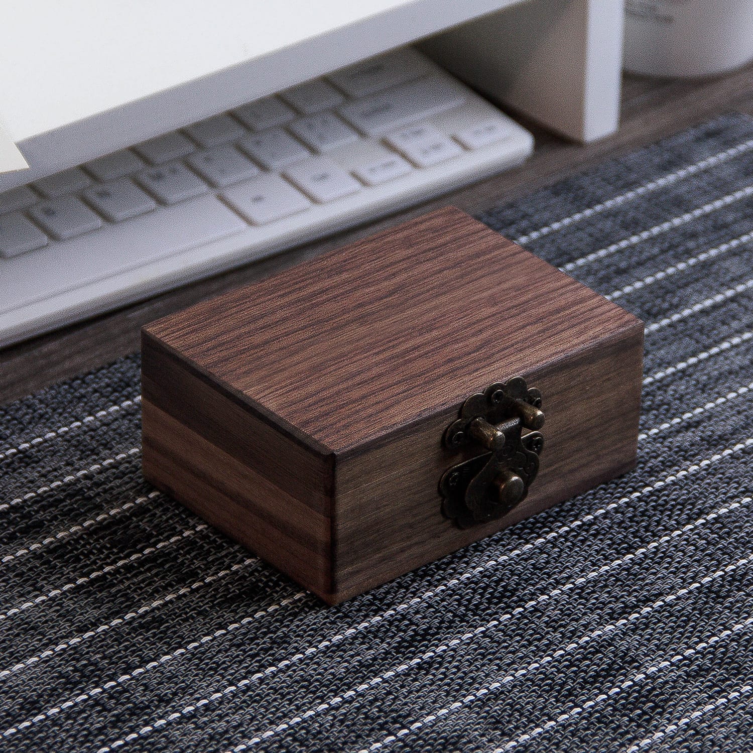 Custom Wooden Trinket Box: Laser engraved square wooden storage box with a dark brown finish and metal clasp.