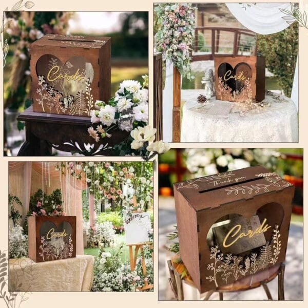 Rustic Wooden Wedding Card Box: Laser-cut floral design, perfect for wedding gifts & cards. Wholesale available.