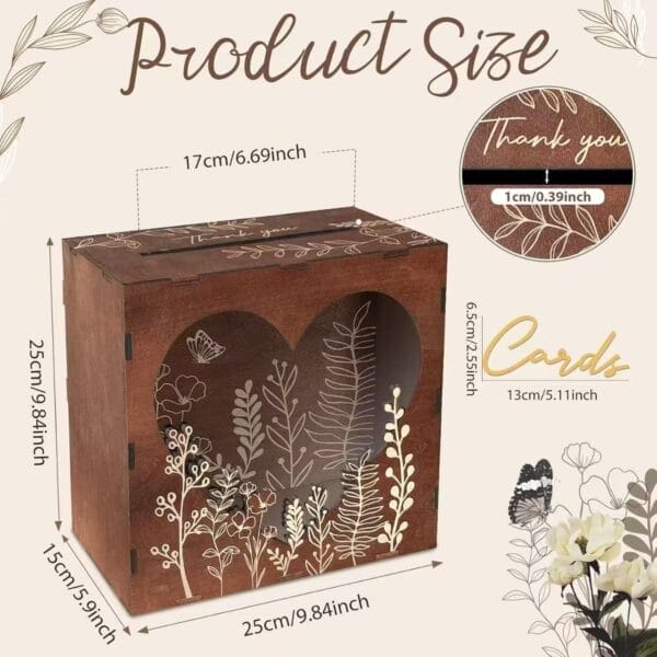 Rustic wooden wedding card box with laser-cut heart & floral design. Perfect for collecting wedding cards.