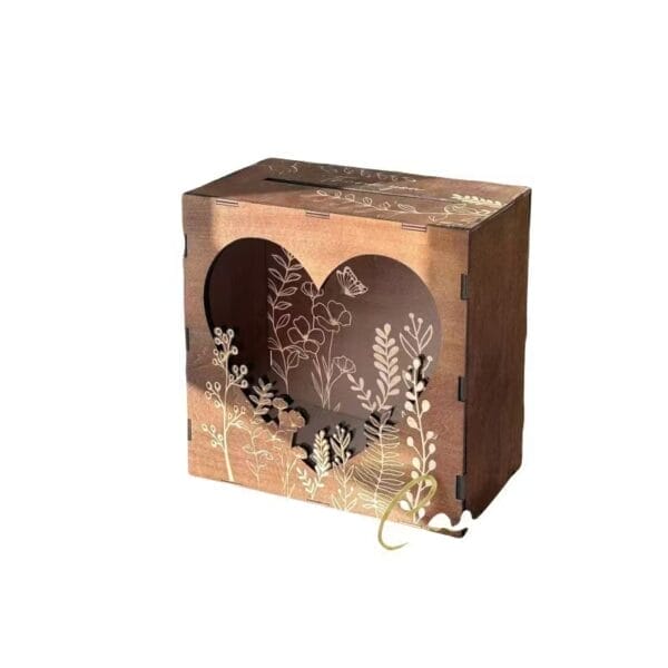 Custom Wooden Wedding Card Box: Rustic wedding decor, heart-shaped laser cut floral design. Wholesale available.