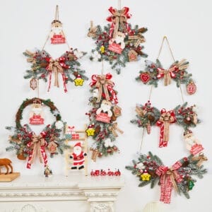 Assortment of festive Christmas wreaths and garlands with Santa decorations.