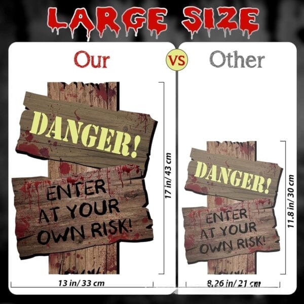 Large Halloween Danger Sign: Spooky 17" x 13" wooden sign with blood splatter, perfect for haunted house decorations. Compare sizes to smaller option.