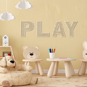 Playroom with child-sized wooden furniture, rattan-style "PLAY" letters, and stuffed animals.