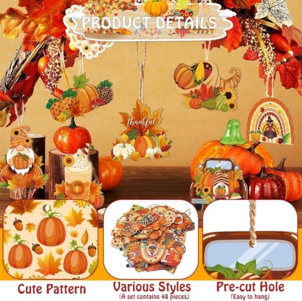 Halloween Wood Cutouts: 48-pack of fall ornaments featuring pumpkins, scarecrows, haystacks & maple leaves. Perfect for retail or events.