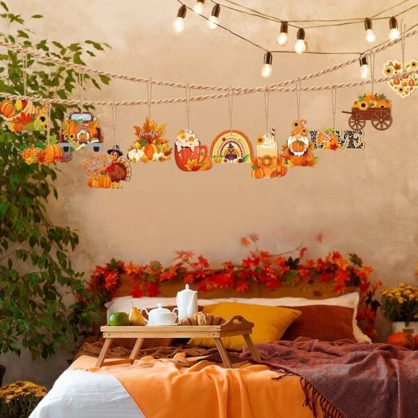 Thanksgiving Wooden Hanging Ornaments: Set of charming fall-themed decorations featuring pumpkins, turkeys, and autumn leaves, perfect for home décor.