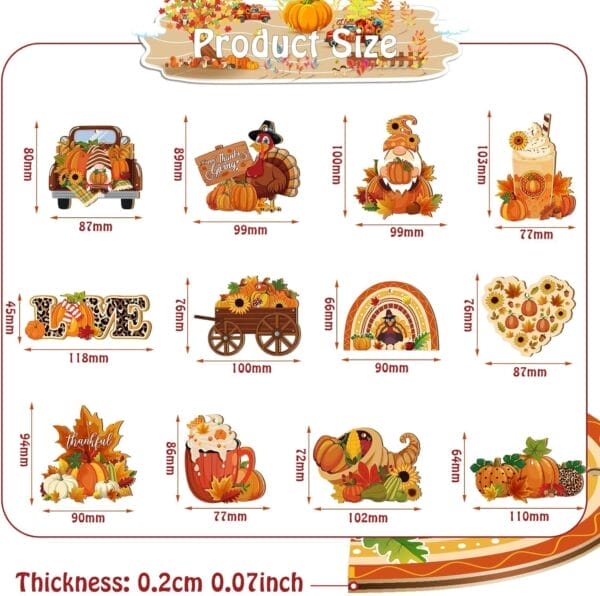 Thanksgiving wood cutouts: Assortment of fall ornaments featuring pumpkins, a turkey, gnome, coffee, and more. Perfect for retail or events.