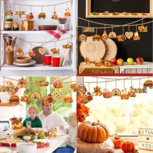 Thanksgiving garland with autumn harvest decorations: pumpkins, turkeys, scarecrows, and more. Perfect for fall décor.