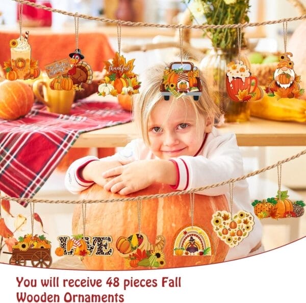 48-piece Fall Wooden Ornament Set: Pumpkin, turkey, gnome, and other Thanksgiving & autumn designs. Perfect for fall decorations & retail.