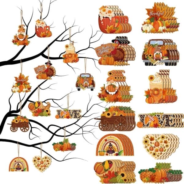 48-Pack Thanksgiving Wood Ornaments: Assortment of fall-themed cutouts including pumpkins, turkeys, gnomes, and more, perfect for retail or events.
