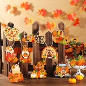 Autumn Thanksgiving decorations: wooden ornaments with pumpkins, gnomes, and fall leaves.
