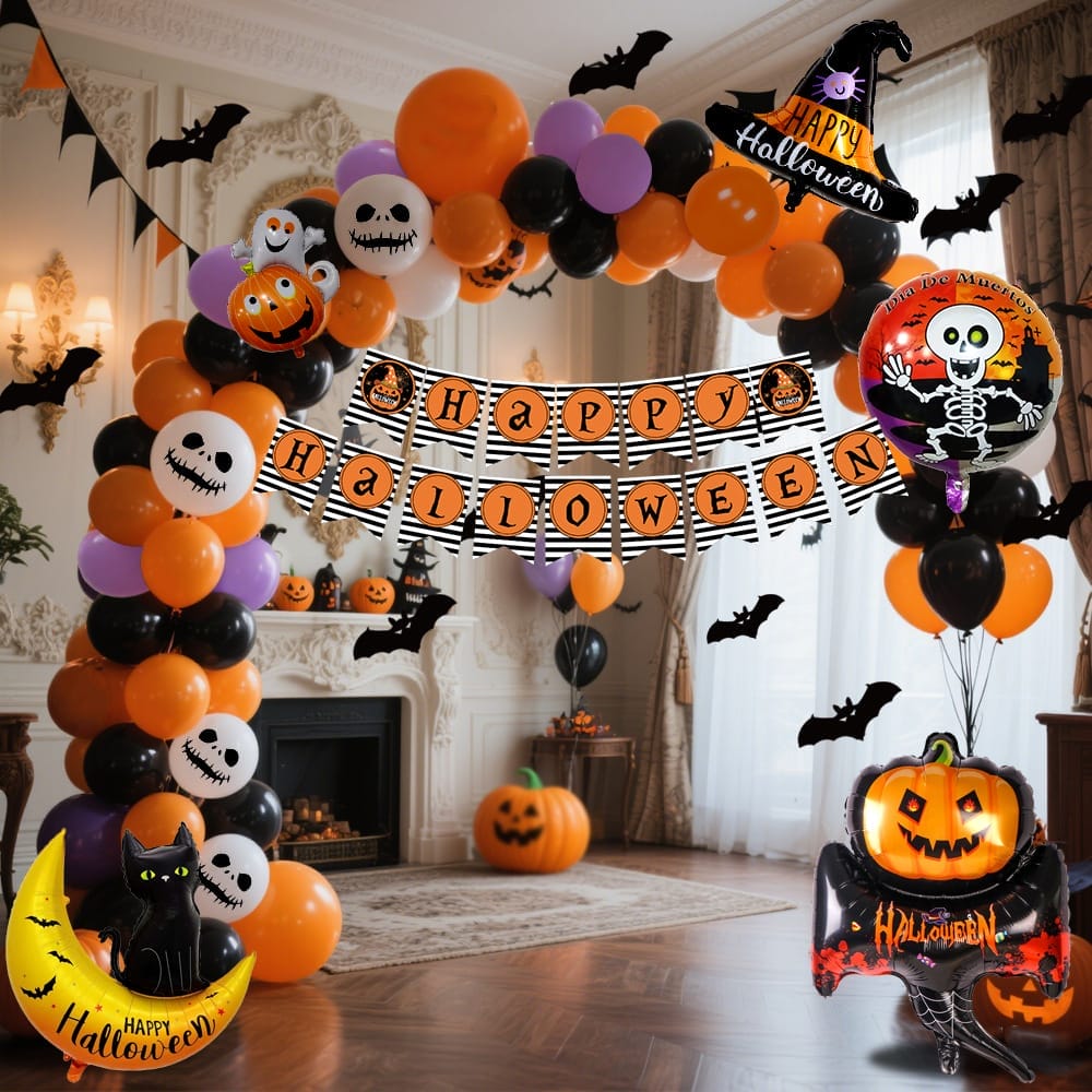 Halloween party decorations: orange, black, and purple balloons, banner, and spooky inflatables.
