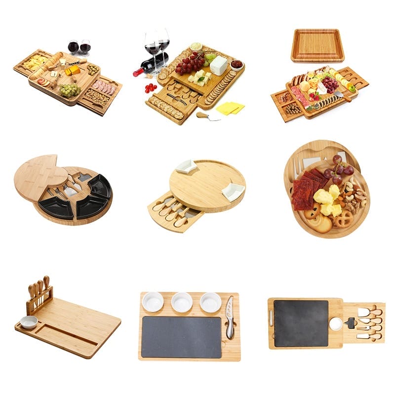 Bamboo Cheese Boards: A collection of stylish bamboo charcuterie & serving boards with built-in drawers for cheese knives & crackers. Perfect for entertaining!