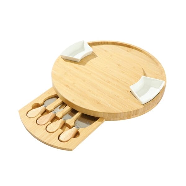 Bamboo cheese board with built-in cheese knife set and two serving bowls. Perfect for cheese and appetizer parties.