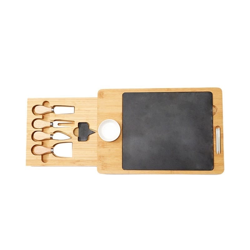 Bamboo cheese board with built-in slate serving tray, set of cheese knives, and small bowl for crackers or dips. Perfect for cheese and appetizer platters.