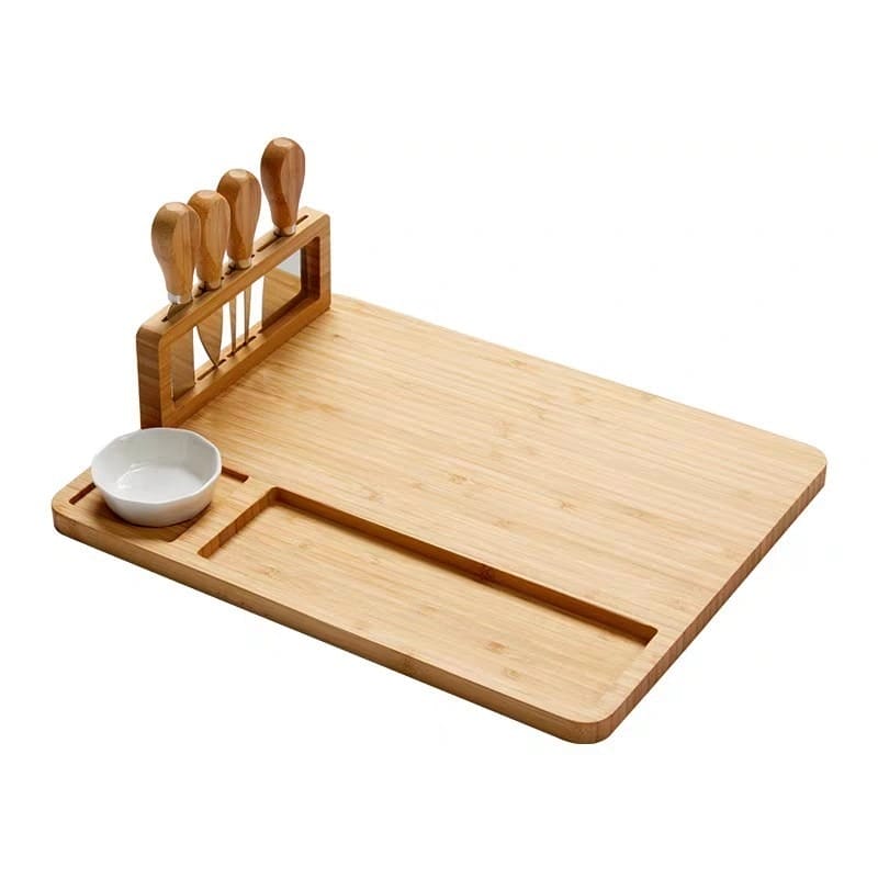 Bamboo cheese board with built-in knife holder and small bowl; ideal for serving cheese and charcuterie
